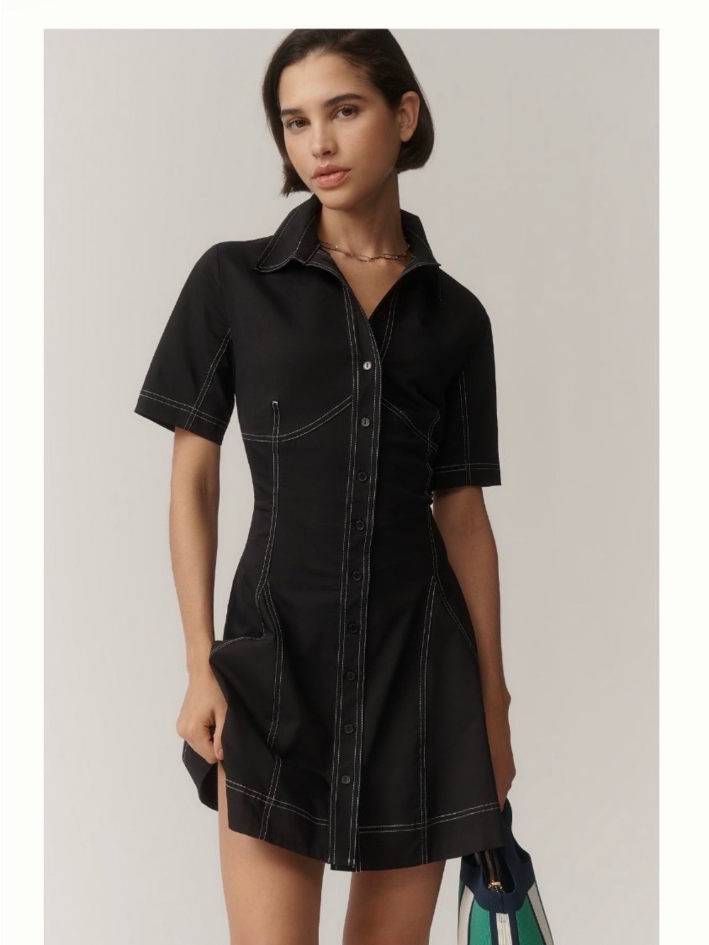 EXQUISE CONTRAST STITCH MINI DRESS IN BLACK